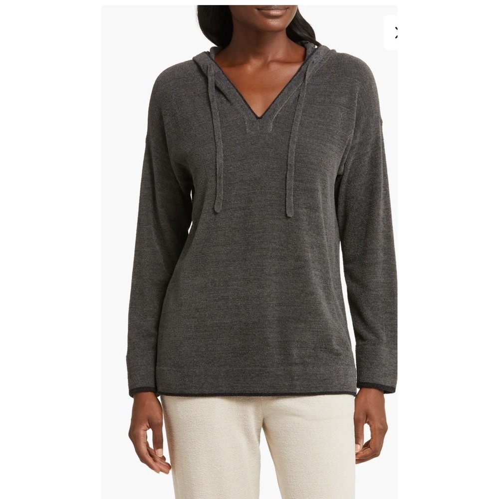 Barefoot Dreams CozyChic Lite Hoodie M Dark Gray Black Pullover Knit Lounge Top